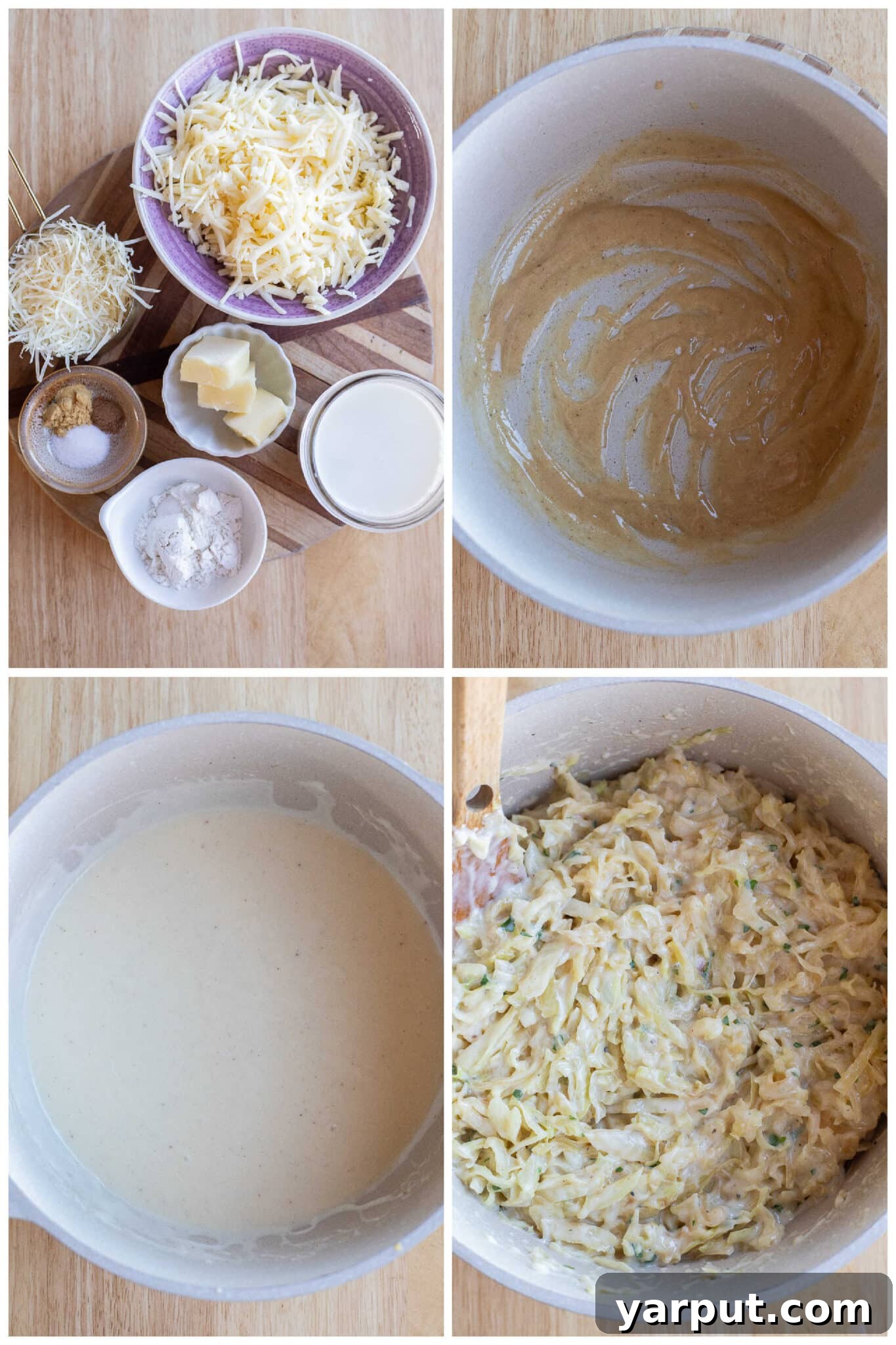 Golden Cheesy Cabbage Bake 4 A close-up image showing the process of making the creamy white cheddar and Parmesan cheese sauce in a pot.