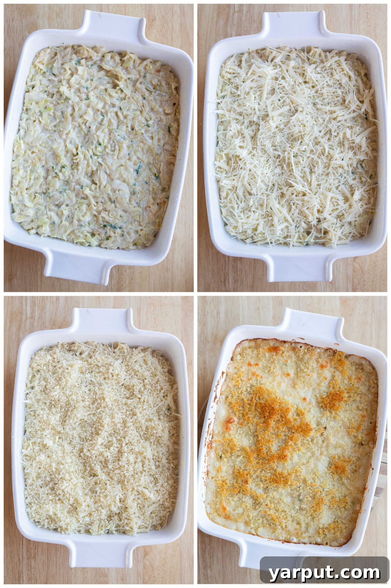 Golden Cheesy Cabbage Bake 5 An image demonstrating how to assemble the cheesy cabbage mixture in a casserole dish before baking.