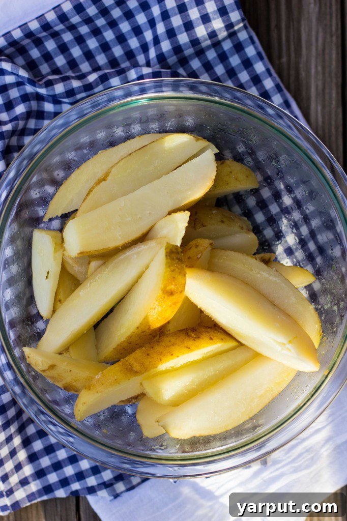 Zesty Salt and Vinegar Char-Grilled Potato Wedges 5 Platter of freshly grilled salt and vinegar potato wedges, ready to serve.