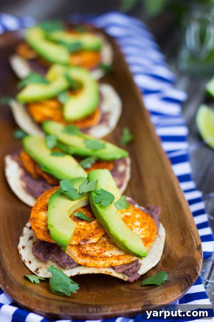 Perfect Roasted Sweet Potato, Black Bean and Avocado Tostadas 14 Overhead shot of two delicious tostadas garnished with cilantro