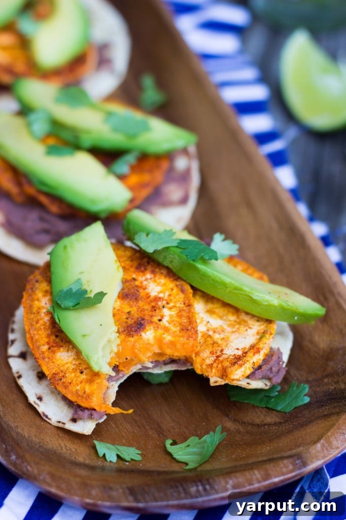 Perfect Roasted Sweet Potato, Black Bean and Avocado Tostadas 15 Serving suggestion for Roasted Sweet Potato, Black Bean & Avocado Tostadas