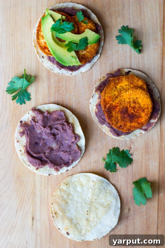 Perfect Roasted Sweet Potato, Black Bean and Avocado Tostadas 10 Ready-to-assemble tostada components: sweet potato, beans, and avocado