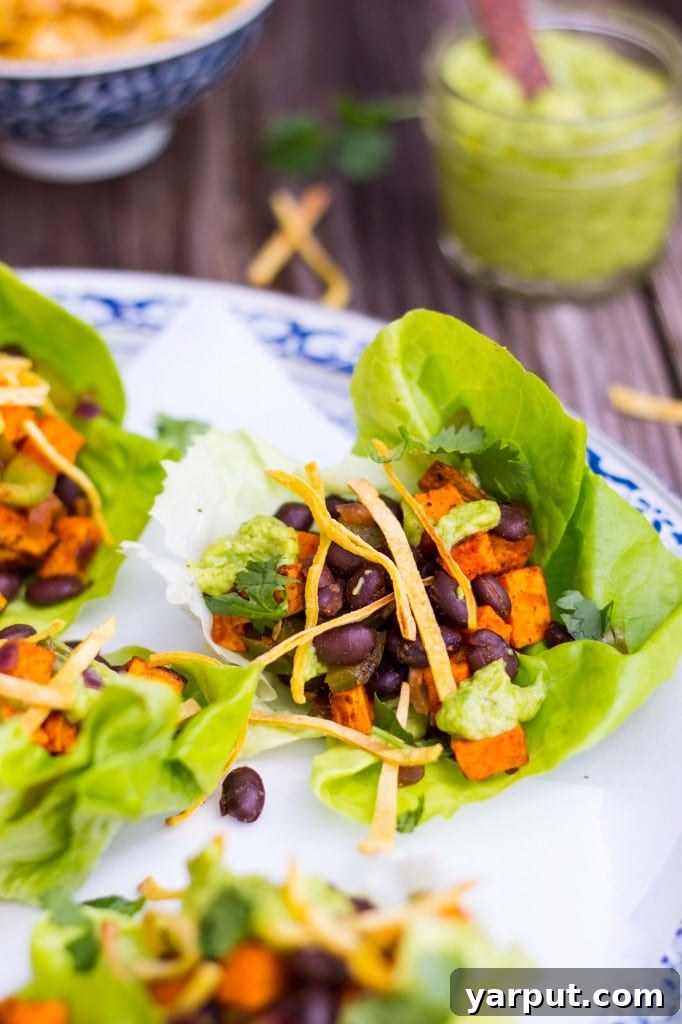 Sweet Potato and Black Bean Lettuce Wraps with Crispy Tortilla Strips and Smashed Avocado with Lime 2 Sweet Potato & Black Bean Lettuce Wraps with Crispy Tortilla Strips & Smashed Avocado with Lime