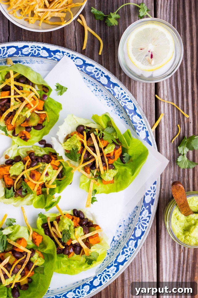 Sweet Potato and Black Bean Lettuce Wraps with Crispy Tortilla Strips and Smashed Avocado with Lime 11 Sweet Potato & Black Bean Lettuce Wraps with Crispy Tortilla Strips & Smashed Avocado with Lime