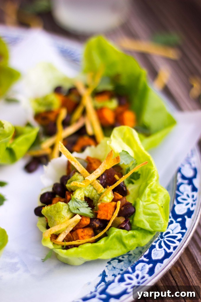 Sweet Potato and Black Bean Lettuce Wraps with Crispy Tortilla Strips and Smashed Avocado with Lime 12 Sweet Potato & Black Bean Lettuce Wraps with Crispy Tortilla Strips & Smashed Avocado with Lime