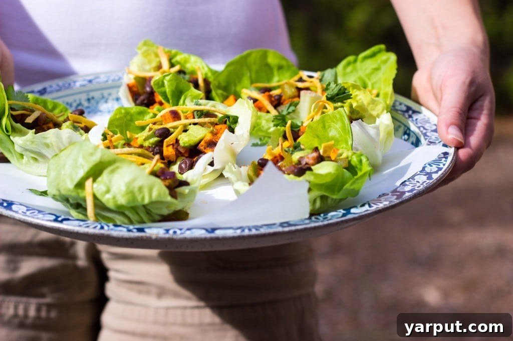 Sweet Potato and Black Bean Lettuce Wraps with Crispy Tortilla Strips and Smashed Avocado with Lime 13 Sweet Potato & Black Bean Lettuce Wraps with Crispy Tortilla Strips & Smashed Avocado with Lime