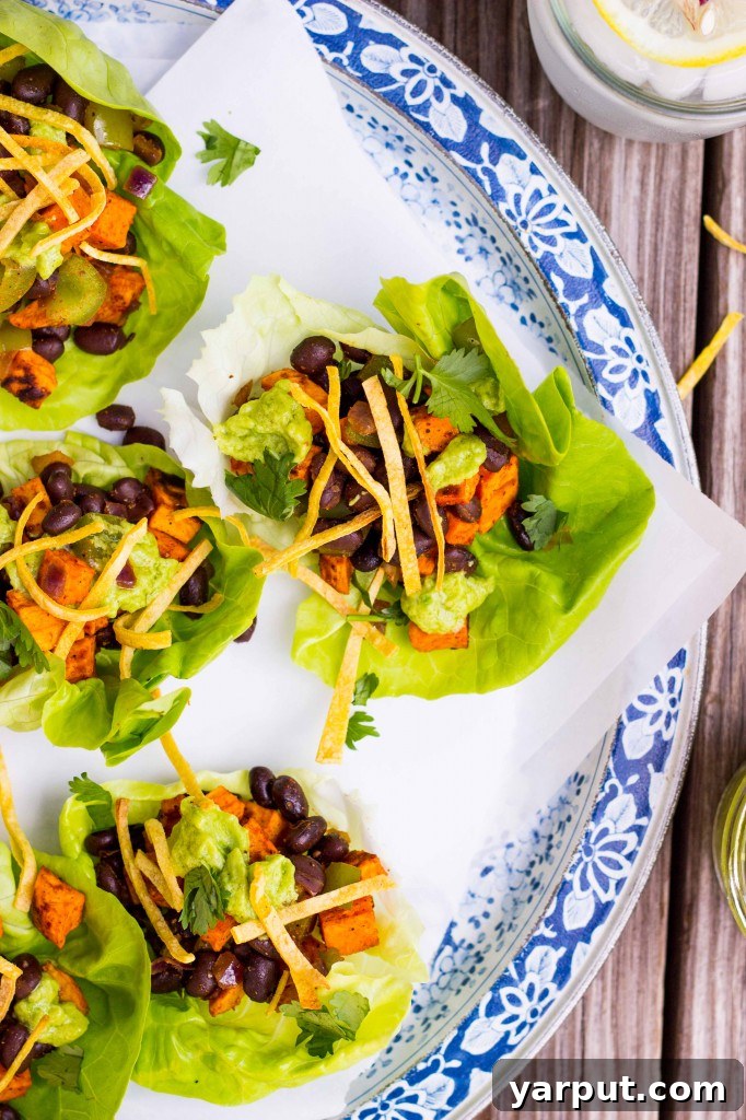 Sweet Potato and Black Bean Lettuce Wraps with Crispy Tortilla Strips and Smashed Avocado with Lime 14 Sweet Potato & Black Bean Lettuce Wraps with Crispy Tortilla Strips & Smashed Avocado with Lime