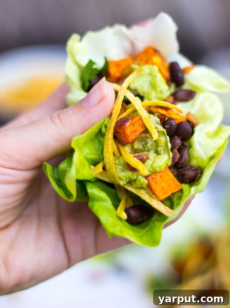 Sweet Potato and Black Bean Lettuce Wraps with Crispy Tortilla Strips and Smashed Avocado with Lime 15 Sweet Potato & Black Bean Lettuce Wraps with Crispy Tortilla Strips & Smashed Avocado with Lime