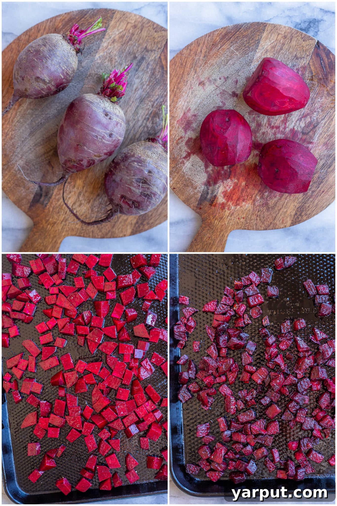 Step-by-step image showing how to prepare roasted beets for vegan beet burgers, with diced beets on a baking sheet before roasting.