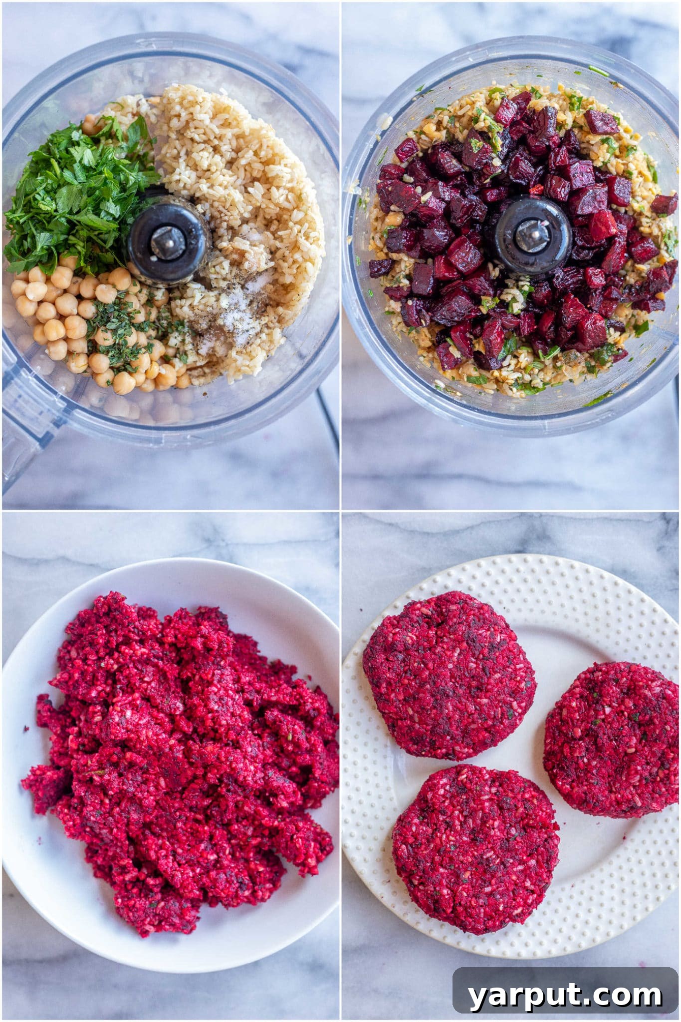 Visual guide showing the process of making vegan beet burgers with brown rice and chickpeas, from blending ingredients to forming patties.