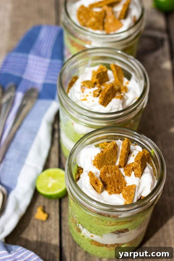 Close-up of a single Lime Cheesecake Parfait ready to eat