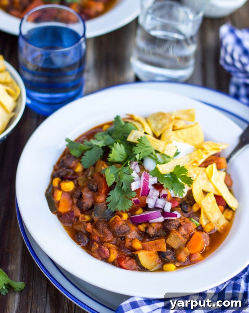 Hearty Triple Bean Vegetable Chili 8 Close-up of Three Bean Loaded Veggie Chili with Toppings