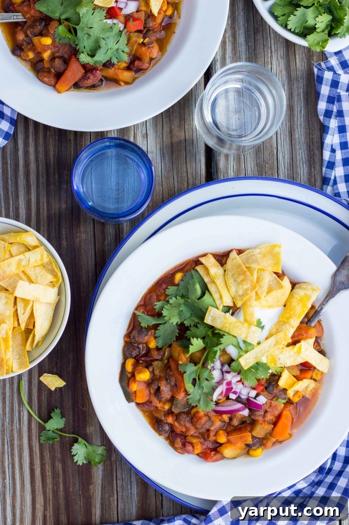 Hearty Triple Bean Vegetable Chili 10 Three Bean Loaded Veggie Chili with a side of cornbread