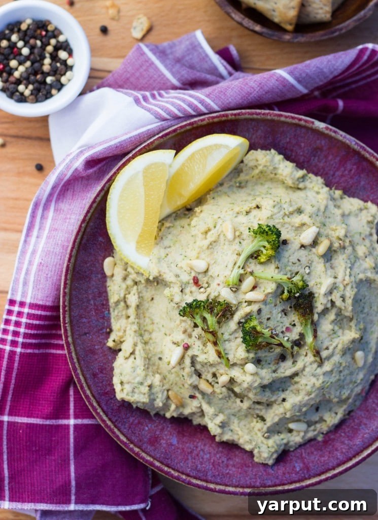Roasted Broccoli & Lemon Hummus - A vibrant, healthy dip with golden roasted broccoli and fresh lemon.