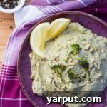 Roasted Broccoli & Lemon Hummus - A captivating top-down shot of the finished hummus, ready to be served.