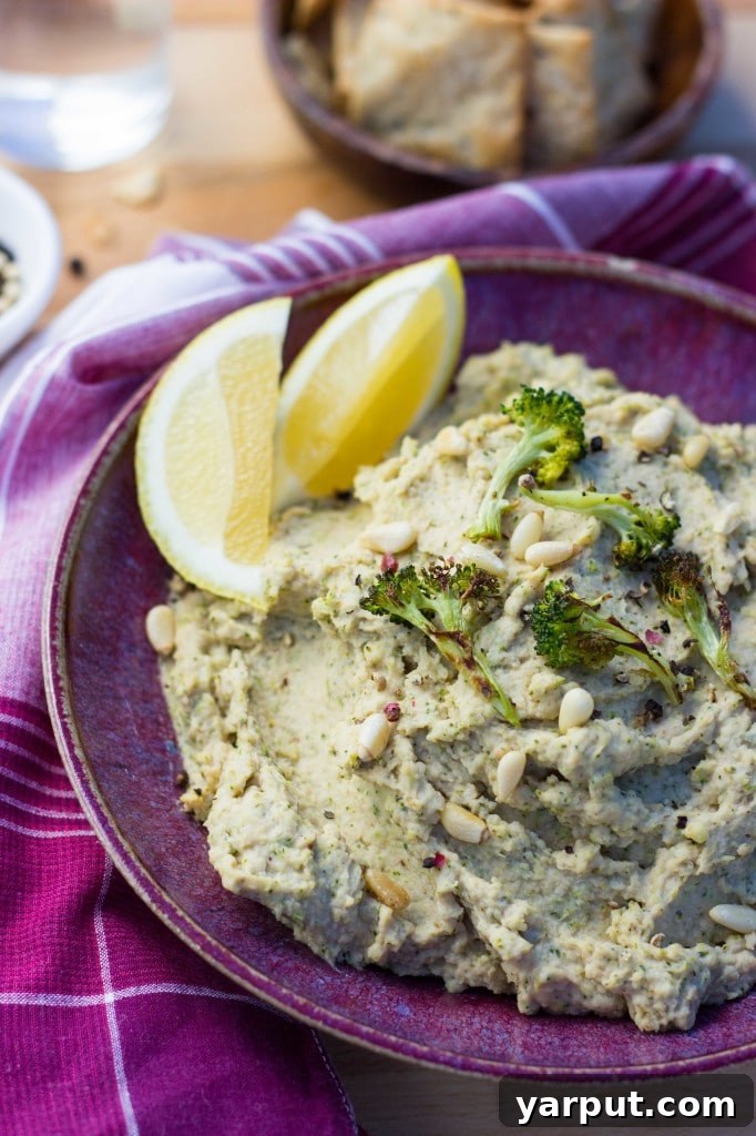 Roasted Broccoli & Lemon Hummus - An artistic overhead shot showcasing texture and garnishes.