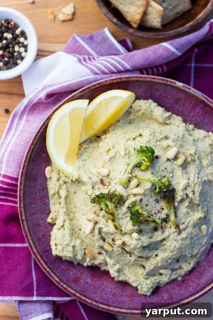 Roasted Broccoli & Lemon Hummus - A serving suggestion with fresh vegetables for dipping.