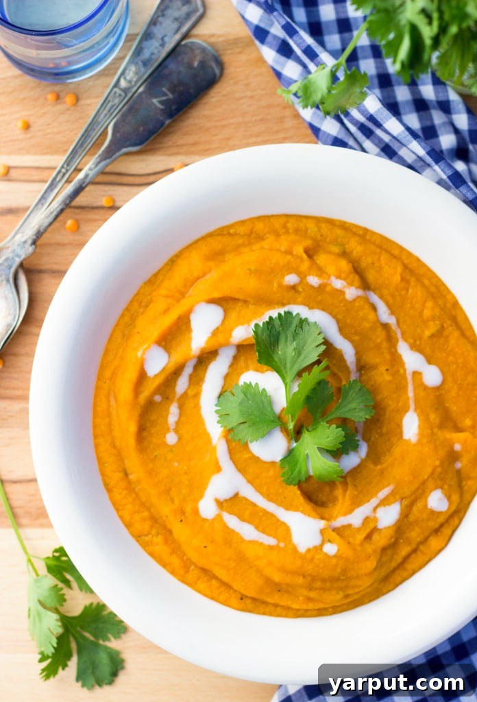 Delicious Curried Sweet Potato, Carrot, and Red Lentil Soup in a bowl
