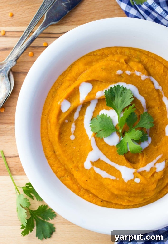 Curried Sweet Potato, Carrot, and Red Lentil Soup with a spoon