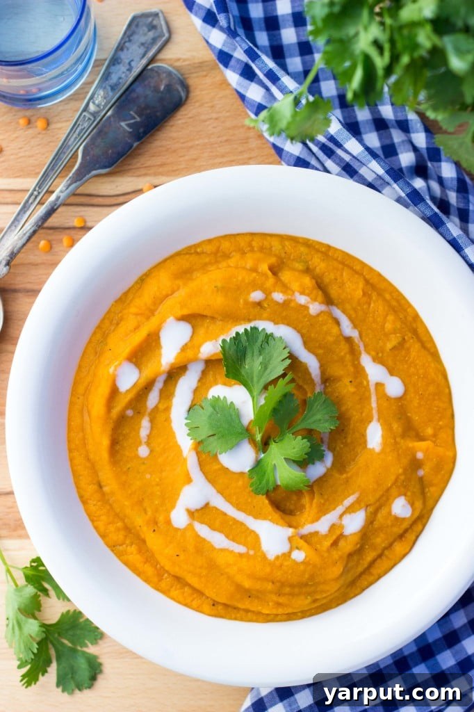 Overhead shot of Curried Sweet Potato, Carrot, and Red Lentil Soup