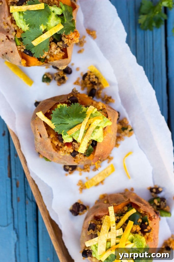 Fiesta Sweet Potato Boats 11 Side view of a perfectly roasted Tex-Mex Loaded Sweet Potato