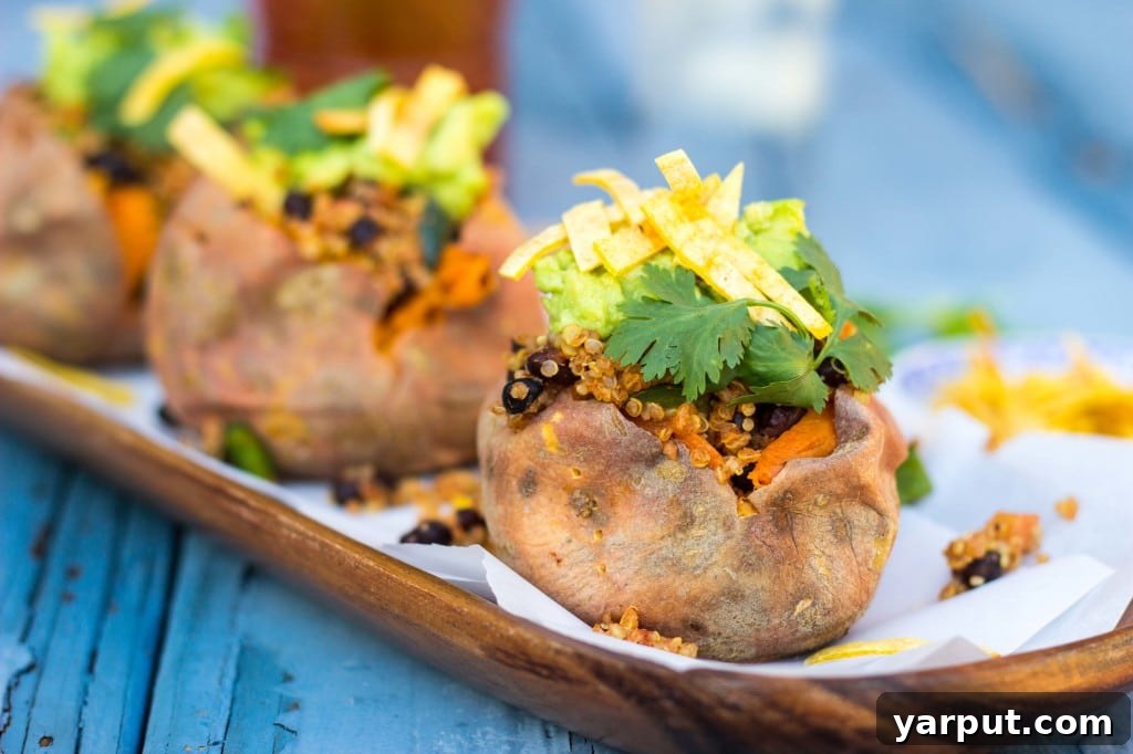 Fiesta Sweet Potato Boats 9 Close-up of a vibrant Tex-Mex Loaded Sweet Potato with toppings
