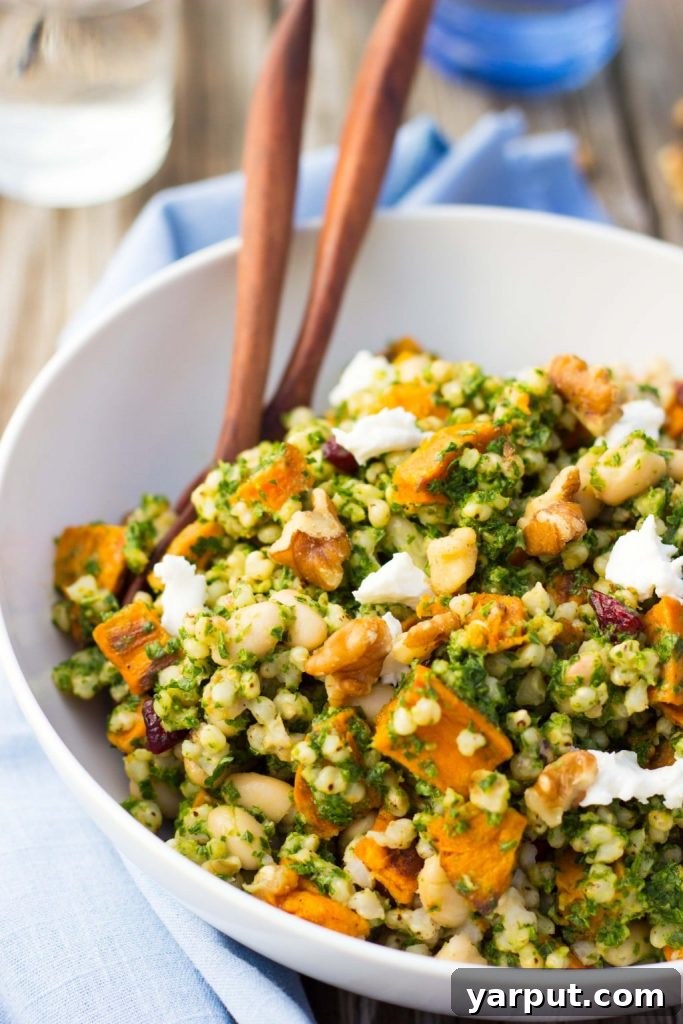 Hearty Sorghum, Sweet Potato, and White Bean Salad with Zesty Kale Pesto 6 close up of a bowl of sorghum salad with sweet potato and black beans
