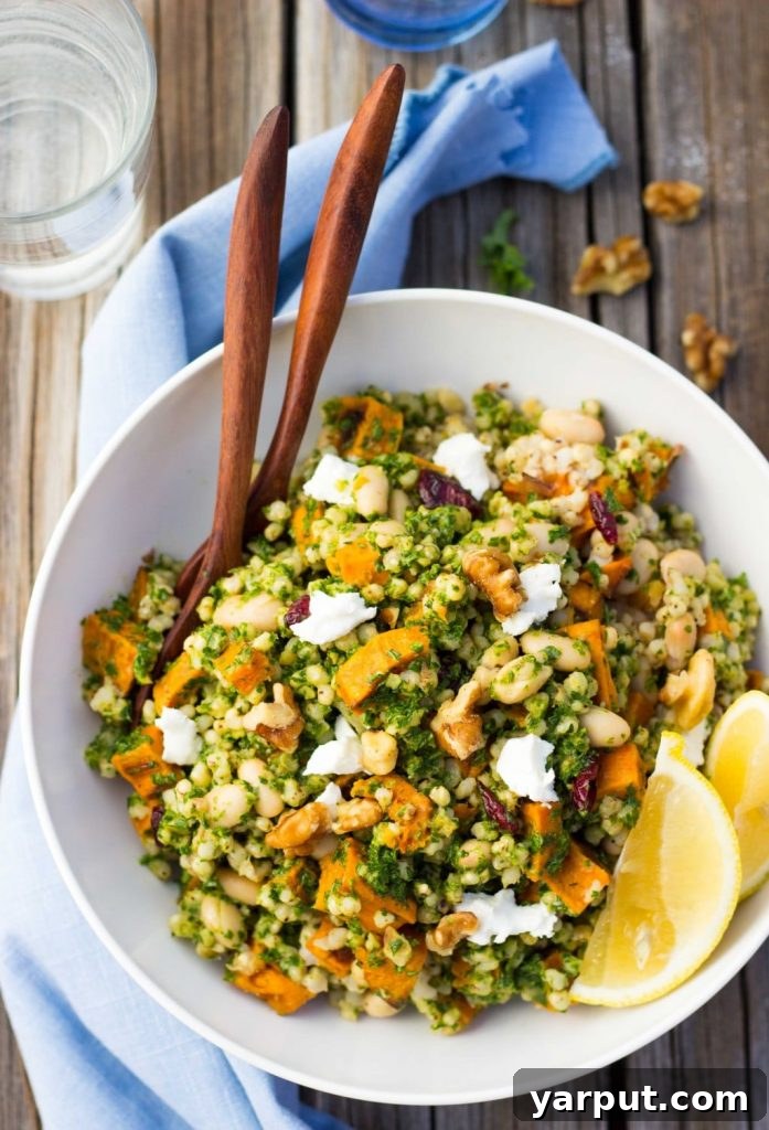 Hearty Sorghum, Sweet Potato, and White Bean Salad with Zesty Kale Pesto 7 a bowl of sorghum sweet potato and white bean salad with kale pesto