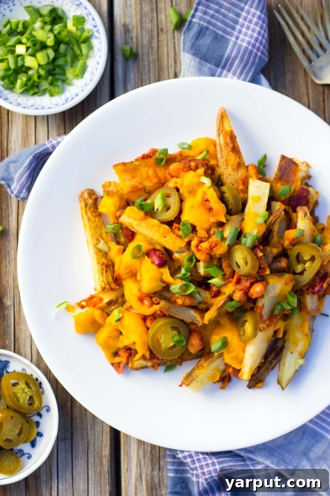 Close-up of Vegan Chili Cheese Fries