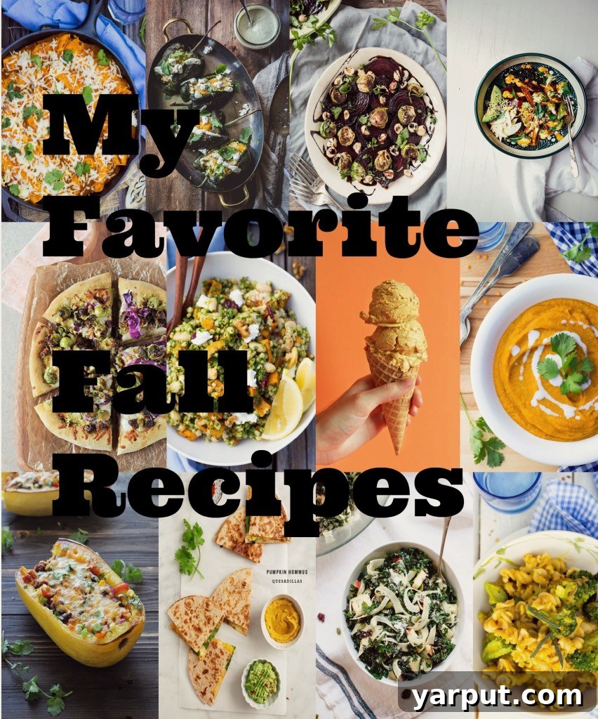 Favorite Fall Recipes A vibrant collection of favorite fall recipes featuring pumpkin, squash, and seasonal produce, embodying autumn comfort