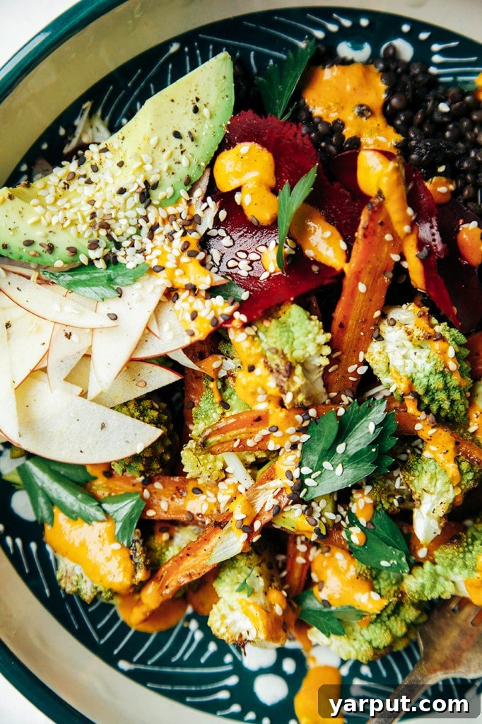Fall Veggie Lentil Bowl Fall Vegetable and Lentil Bowl with Goji Ginger Tahini Cream, a healthy and satisfying autumn meal