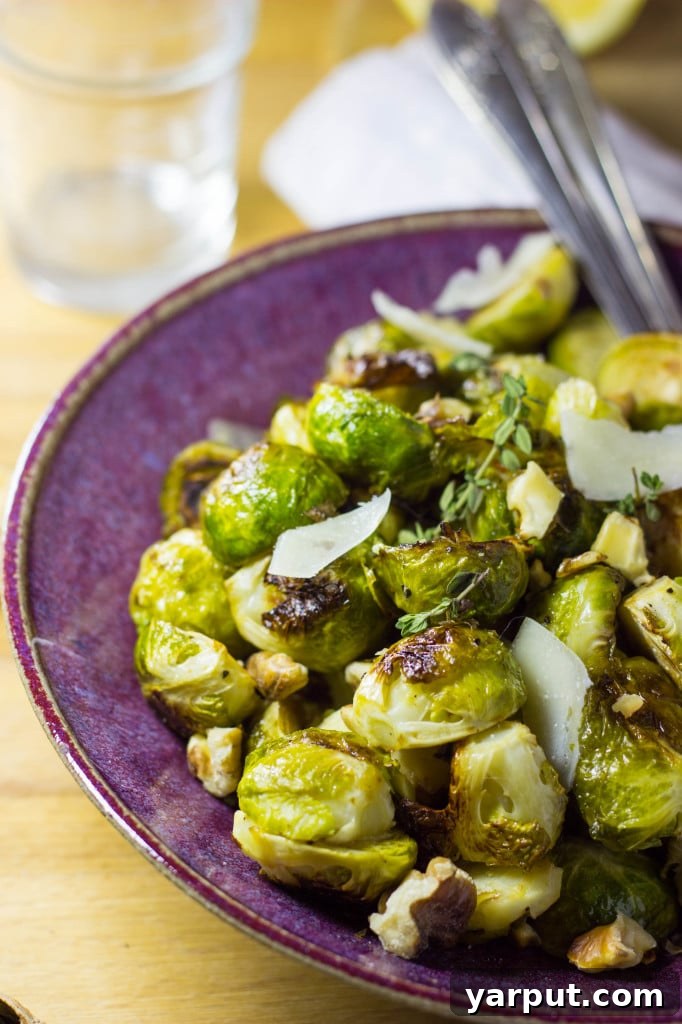 Sweet & Tangy Roasted Brussels Sprouts with Toasted Walnuts and Parmesan 5 Maple & Dijon Roasted Brussels Sprouts served in a bowl