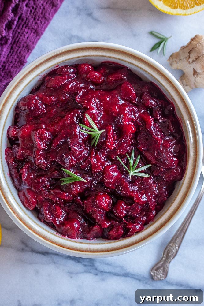 Zesty Orange Ginger Cranberry Sauce 2 Bowl of orange ginger cranberry sauce, garnished with fresh cranberries and orange zest