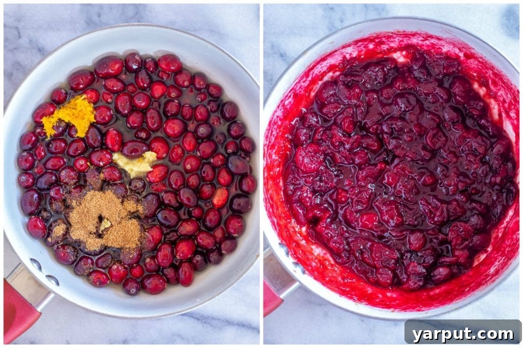 Zesty Orange Ginger Cranberry Sauce 3 Step-by-step image showing ingredients for orange ginger cranberry sauce being cooked in a pot
