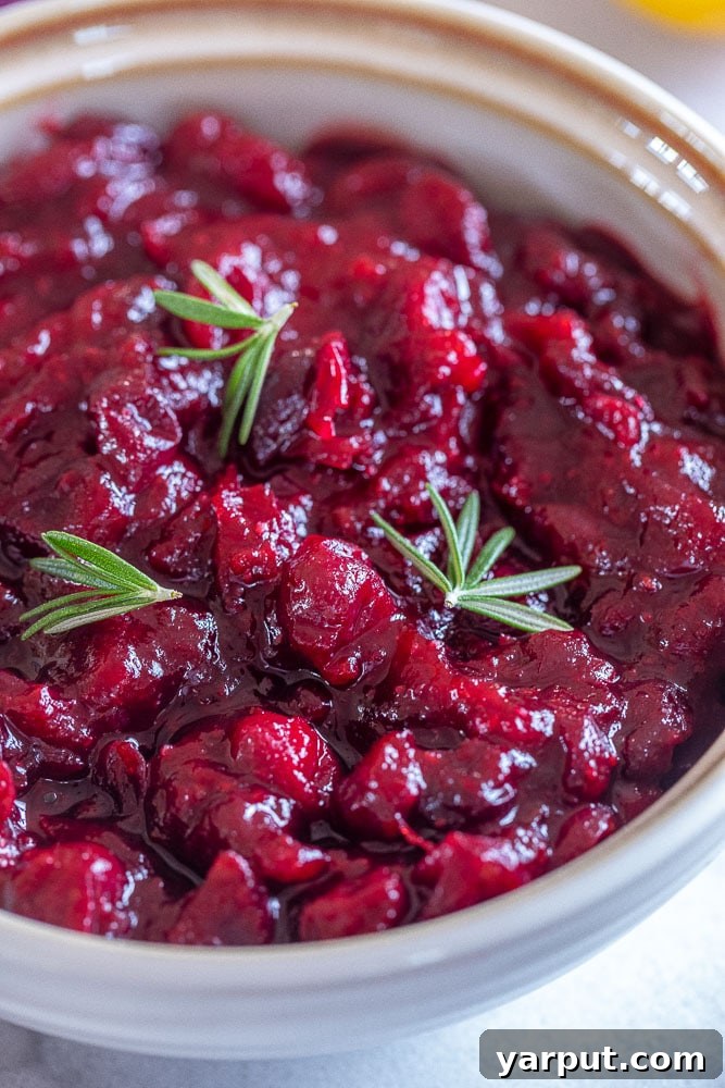 Zesty Orange Ginger Cranberry Sauce 4 Close up of a bowl of homemade orange ginger cranberry sauce, showing its thick and glossy texture