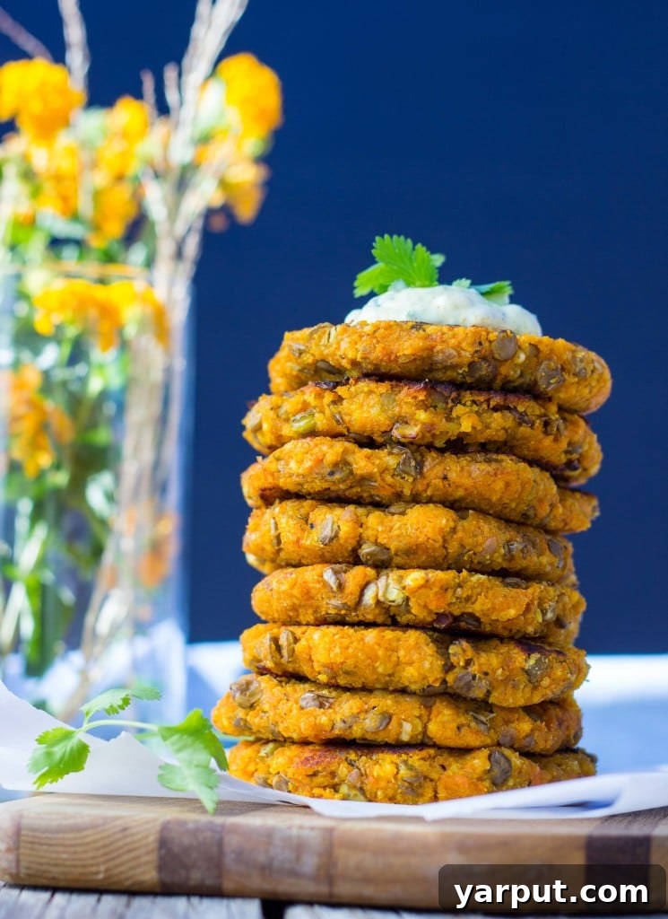 Curried Sweet Potato, Millet, and Lentil Fritters with Fresh Cilantro Aioli 2 Golden brown Sweet Potato, Millet & Lentil Cakes served with a dollop of creamy Curry Cilantro Mayo
