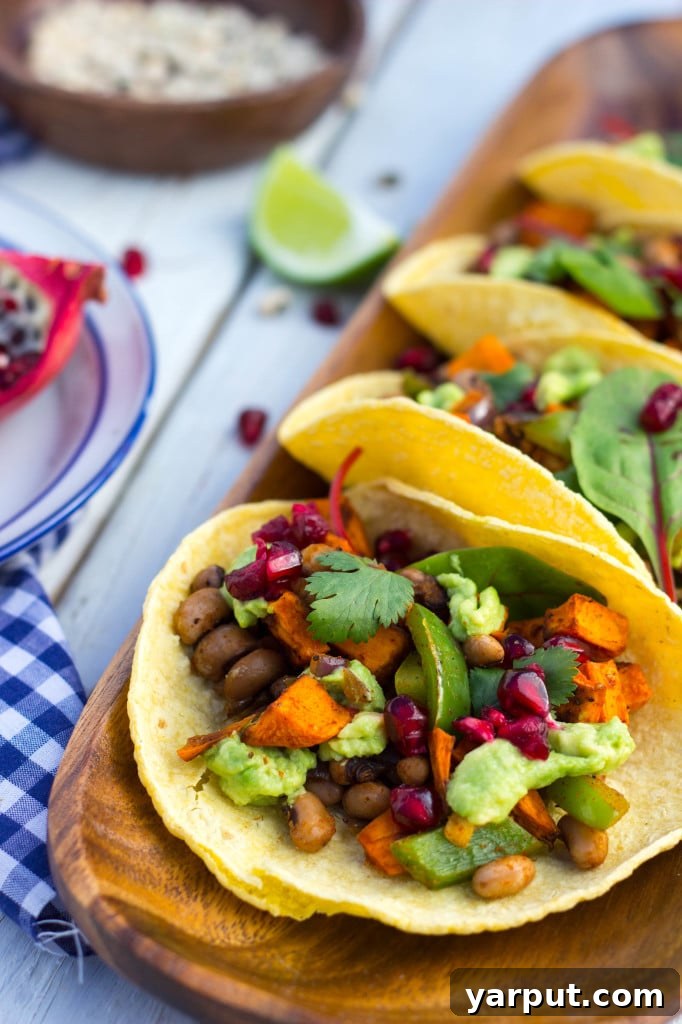 A stack of delicious Black Eyed Pea and Sweet Potato Tacos