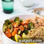 A finished roasted sweet potato and broccoli winter bowl