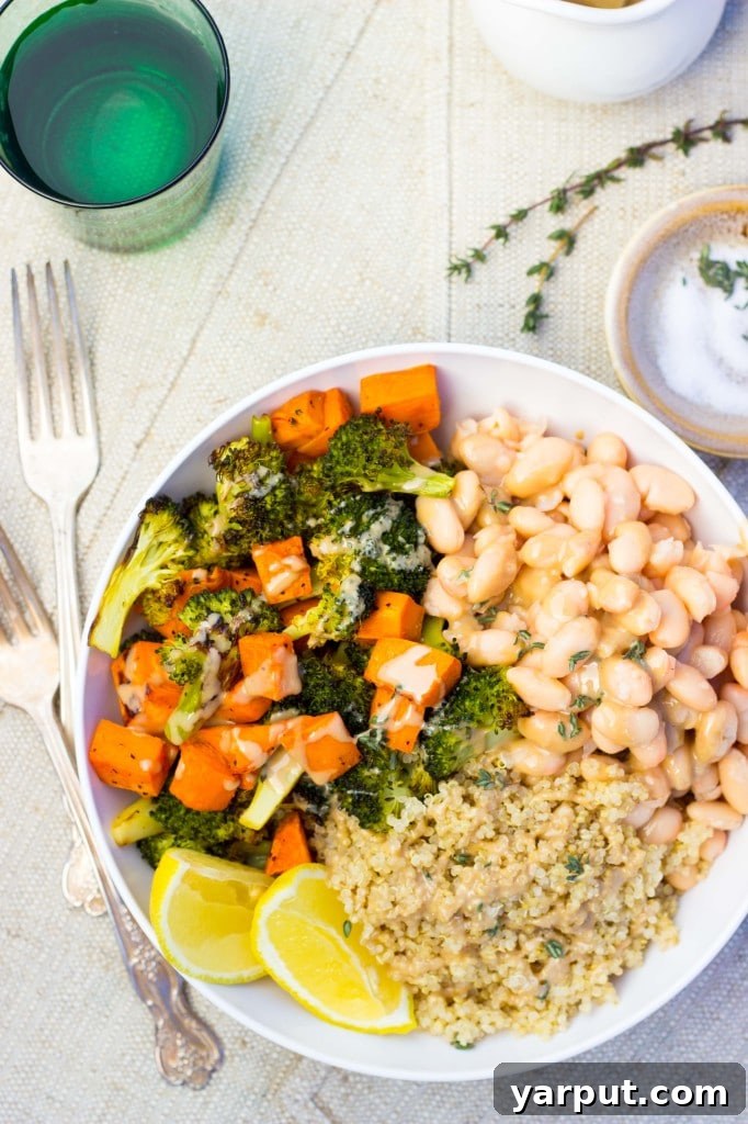 Sweet Potato and Broccoli Winter Comfort Bowls 6 Overhead view of a prepared Roasted Sweet Potato & Broccoli Bowl