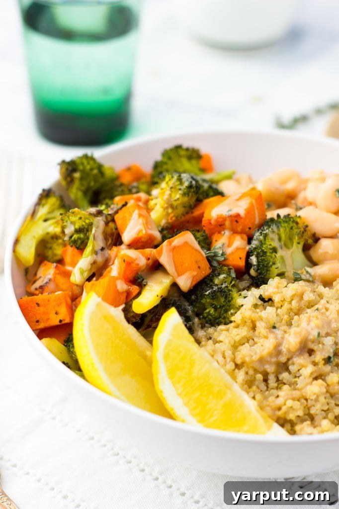 Sweet Potato and Broccoli Winter Comfort Bowls 7 Side view of a healthy Roasted Sweet Potato & Broccoli Bowl