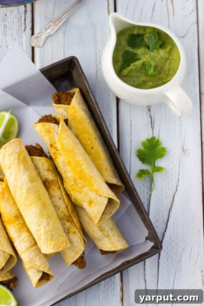 Crispy Baked Taquitos with Black Beans and Sweet Potato 8 Arrangement of Vegan Taquitos with Creamy Green Dip