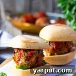 A small, mouth-watering vegetarian meatball slider
