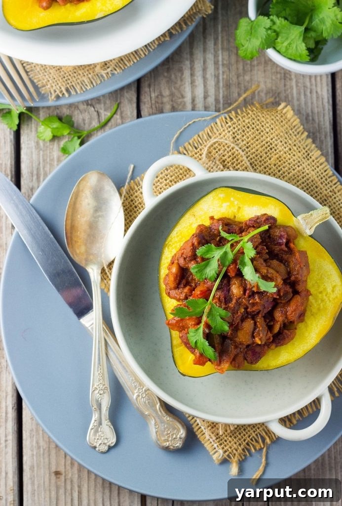 Overhead view of Chili Stuffed Acorn Squash