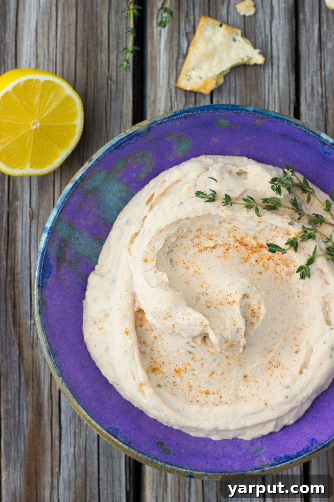 Vibrant Lemon Thyme White Bean Dip 7 White Bean Dip with Lemon and Thyme served in a bowl with fresh ingredients