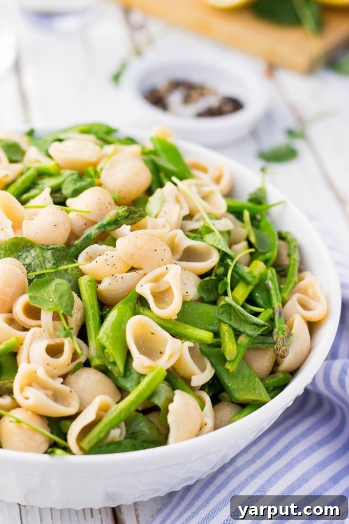 Vibrant Spring Pasta Medley 2 A beautifully plated Spring Pasta Salad showcasing fresh greens, pasta, and vibrant vegetables, ready to be enjoyed.