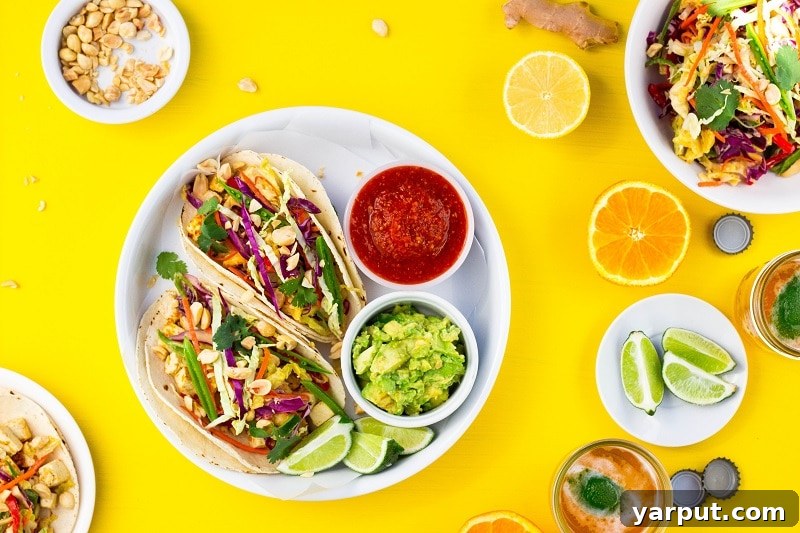Tangy Umami Tofu Tacos 6 Top-down view of beautifully arranged vegan Citrus Miso Tofu Tacos