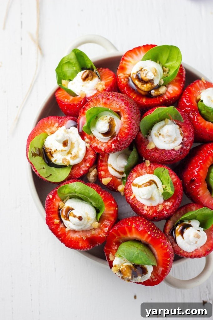 Sweet & Savory Stuffed Strawberries: Goat Cheese, Spinach, Candied Walnuts, and Balsamic Glaze 5 Goat Cheese & Spinach Stuffed Strawberries with Candied Walnuts & Balsamic Glaze-2992