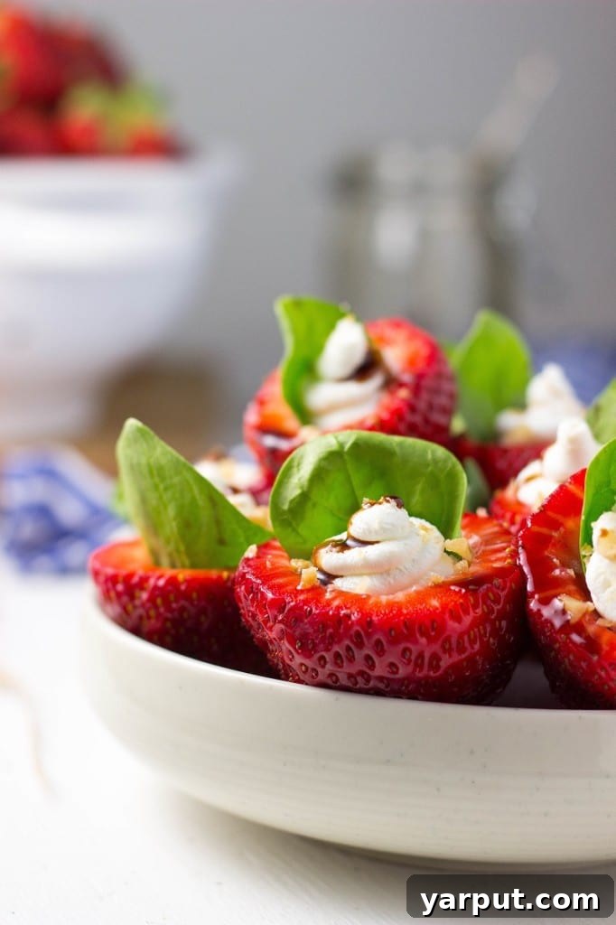 Sweet & Savory Stuffed Strawberries: Goat Cheese, Spinach, Candied Walnuts, and Balsamic Glaze 6 Goat Cheese & Spinach Stuffed Strawberries with Candied Walnuts & Balsamic Glaze-2979
