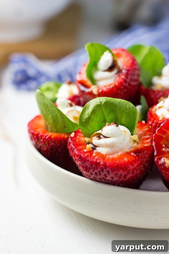 Sweet & Savory Stuffed Strawberries: Goat Cheese, Spinach, Candied Walnuts, and Balsamic Glaze 8 Goat Cheese & Spinach Stuffed Strawberries with Candied Walnuts & Balsamic Glaze-2986