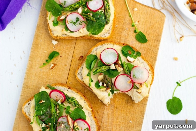 Vibrant Spring Hummus Toasts 11 Fresh Spring Toasts with Hummus - Overhead View